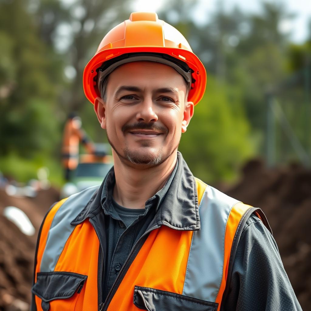 A confident environmental remediation contractor in hard hat and safety vest at an outdoor cleanup site